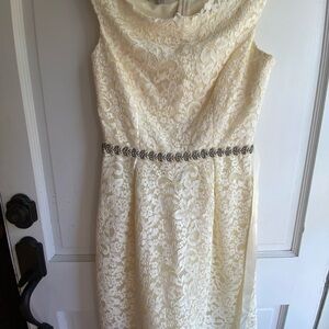 Teri Jon Cream Lace Midi Dress with Silver Detail